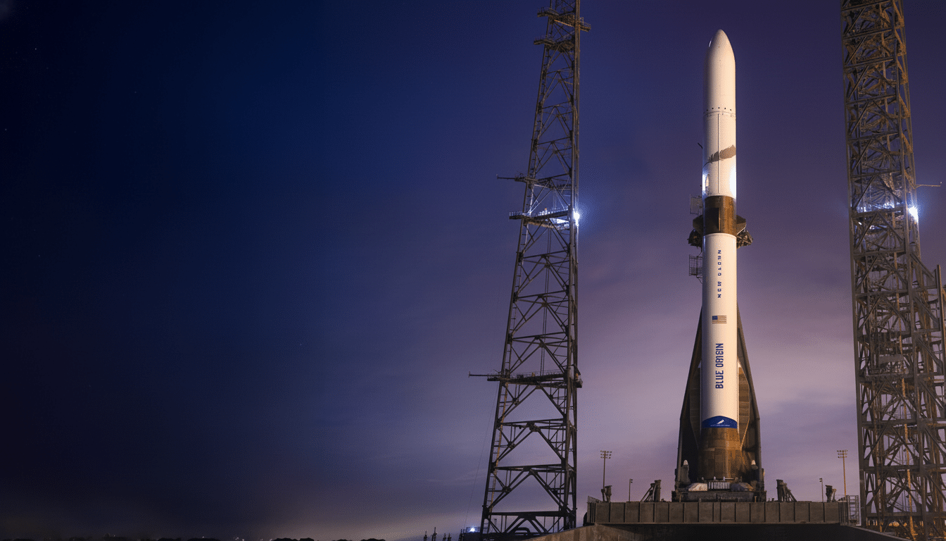 A Blue Origin New Glenn rocket stands on a launchpad between two tall service towers against a twilight sky.
