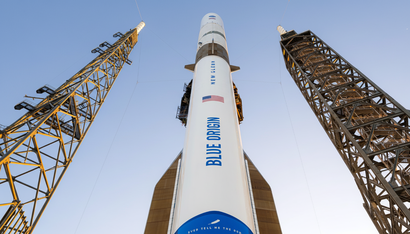 A low-angle, wide shot of the Blue Origin New Glenn rocket standing tall between two launch towers, set against a clear blue sky.