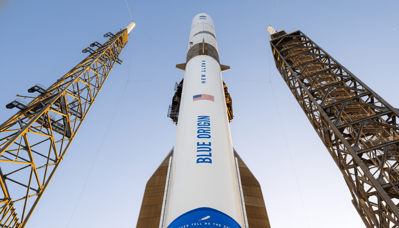 A low-angle shot of the Blue Origin New Glenn rocket standing tall between two launch towers against a clear blue sky.