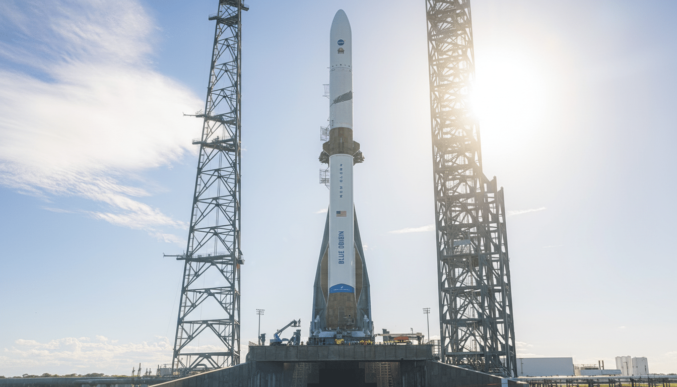 A Blue Origin New Glenn rocket stands on a launchpad between two tall support towers under a bright, sunny sky.