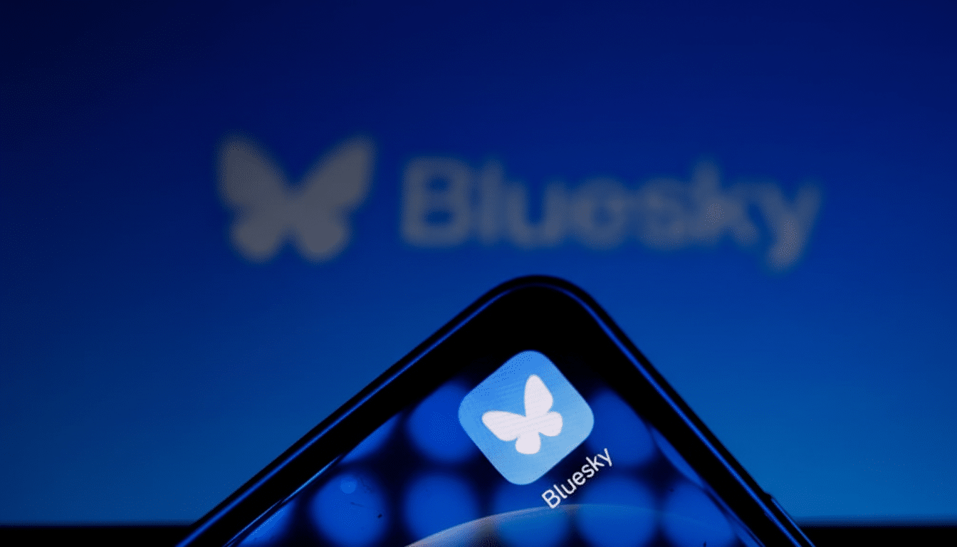 The Bluesky app icon is displayed on a smartphone screen, with the Bluesky logo visible in the background.
