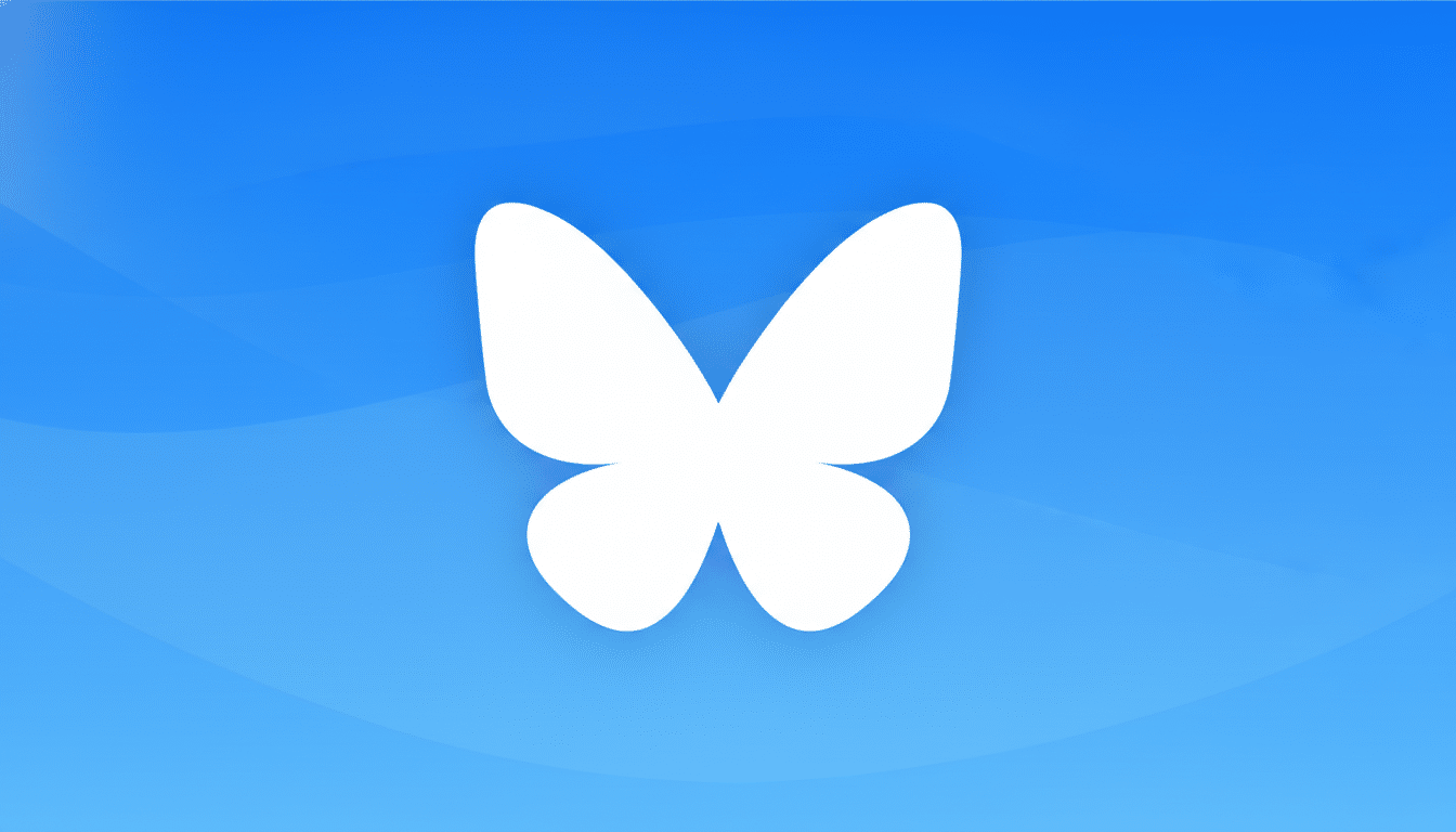 A white butterfly icon centered on a blue background with subtle wave patterns.