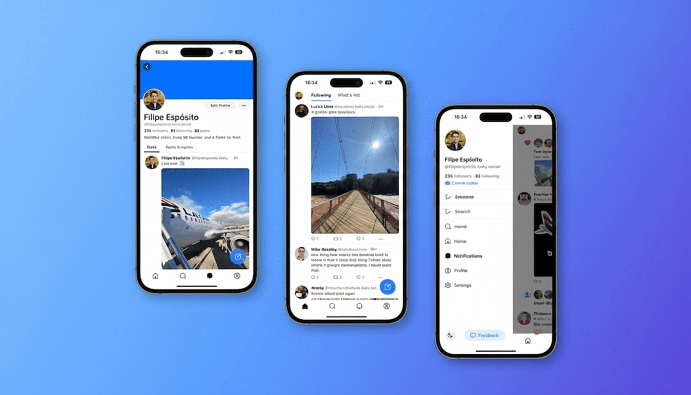 Three iPhones displaying the Twitter app, showcasing different screens like a profile page, a feed with images, and a menu.