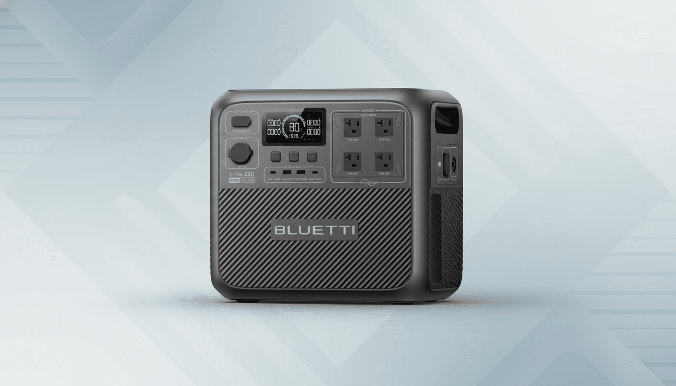 A Bluetti Elite 200 portable power station with a digital display showing 80% charge, set against a professional flat design background with soft patterns and gradients.