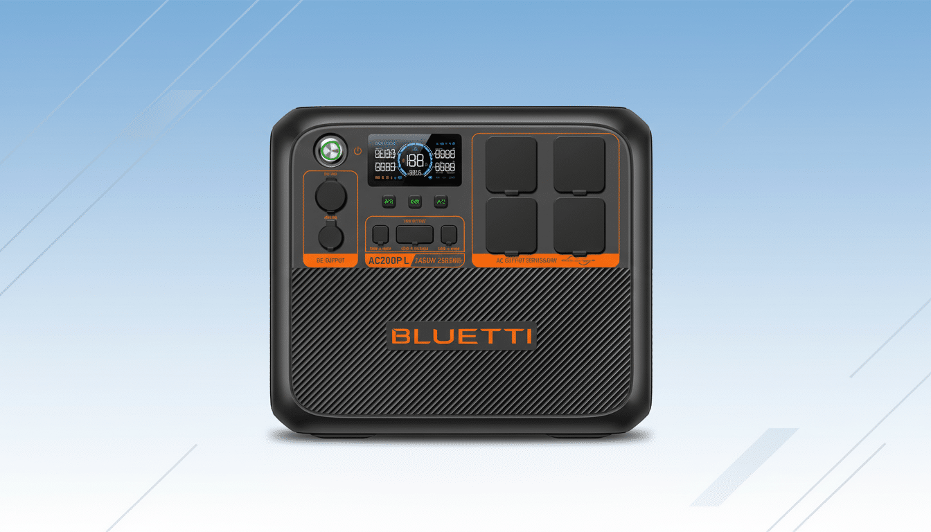 A black and orange BLUETTI AC200P L portable power station with various output ports and a digital display, set against a professional flat design background with soft blue and white gradients.