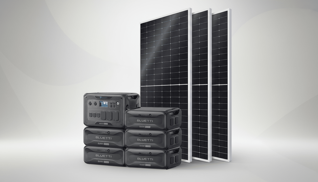 A Bluetti AC500 power station with six B300S expansion batteries and three solar panels, presented on a professional flat design background with soft gradients.