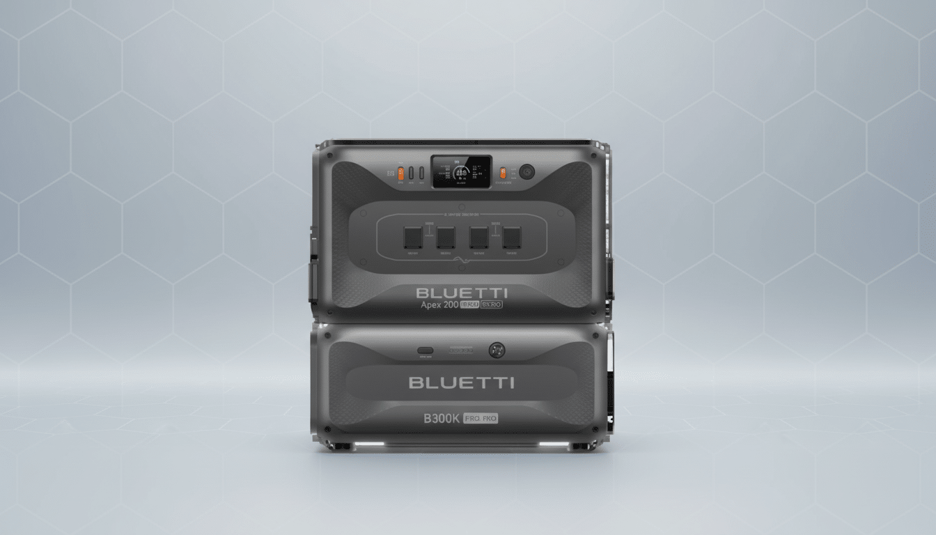A BLUETTI Apex 200 Pro and B300K Pro power station stack, presented on a professional flat design background with soft hexagonal patterns.