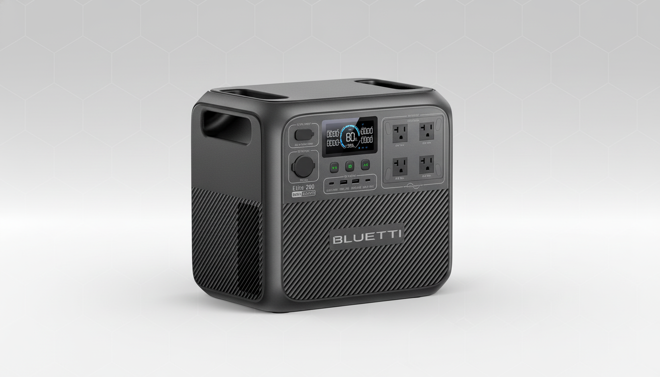A Bluetti Elite 200 portable power station with a professional flat design background.