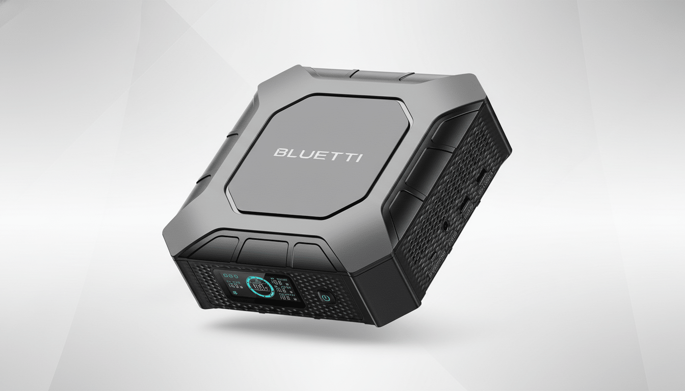 A professional, enhanced image of a gray and black BLUETTI portable power station, presented on a subtle gradient background, resized to a 16:9 aspect ratio.