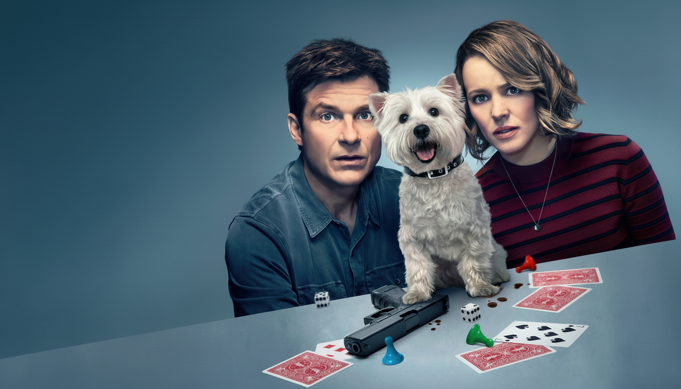 A man, a woman, and a white dog sit behind a table with playing cards, dice, and a toy gun.