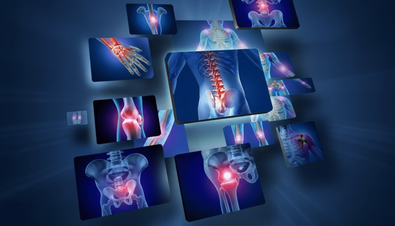 A collage of medical images depicting various human skeletal and joint structures, with some areas highlighted in red to indicate pain or inflammation.