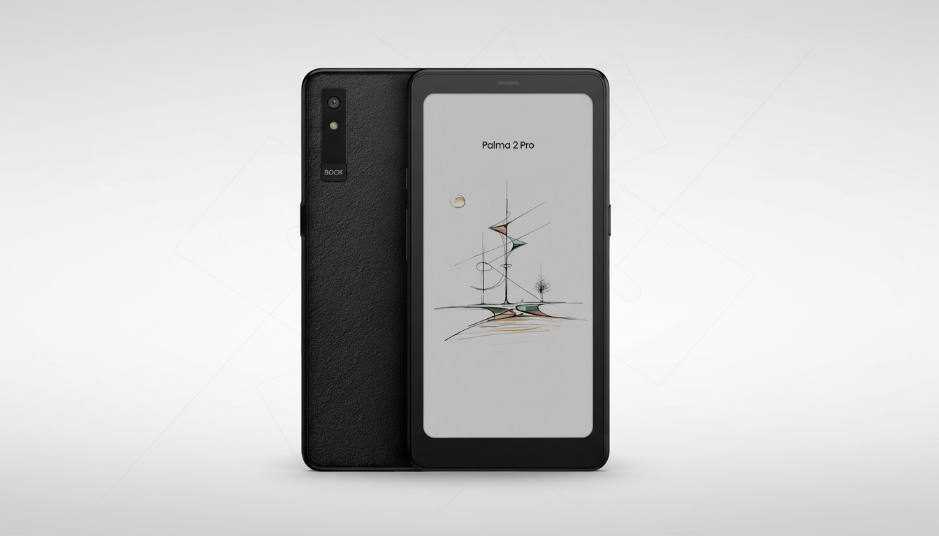 A black Boox Palma 2 Pro e-reader displayed at a 16:9 aspect ratio on a professional flat design background with soft patterns.