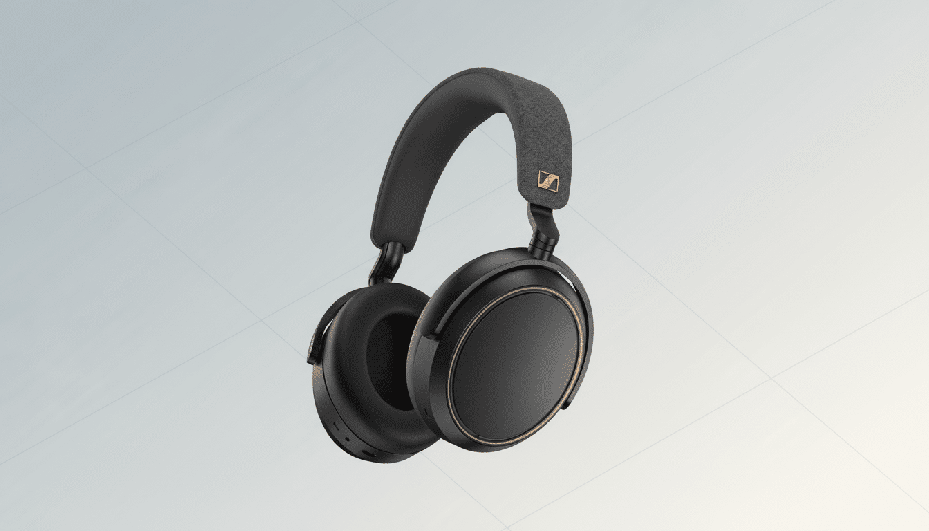 A pair of black Sennheiser headphones with gold accents, presented on a professional flat design background with soft patterns and gradients.