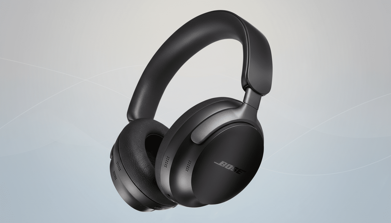 A pair of black Bose noise-cancelling headphones on a professional flat design background with soft patterns.