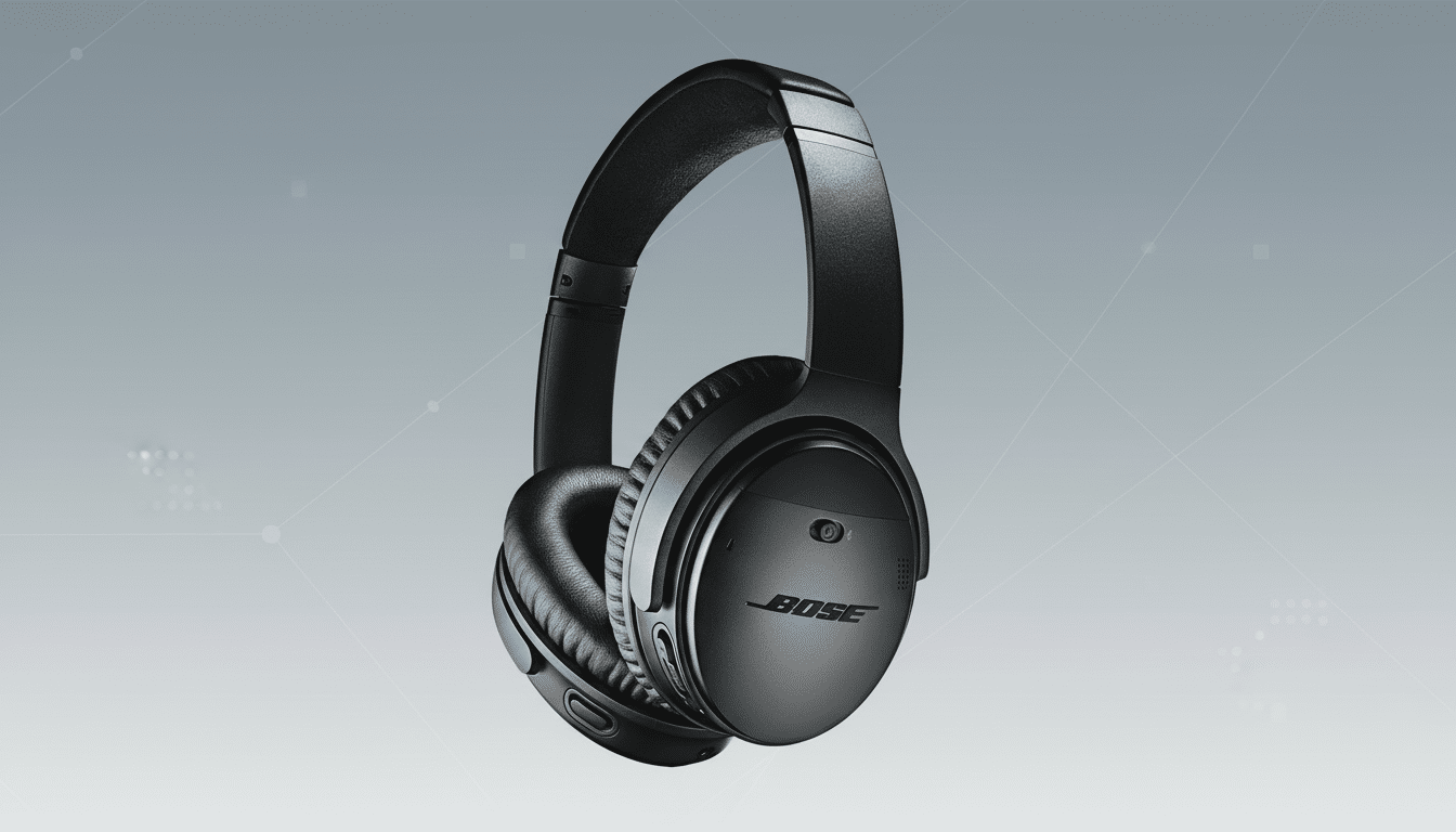A pair of black Bose noise-cancelling headphones on a professional grey background with subtle geometric patterns.