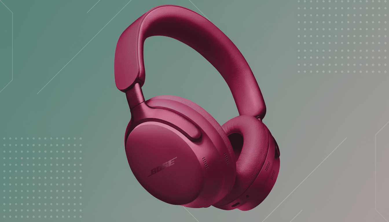 A pair of Bose headphones in a deep magenta color, presented on a professional flat design background with soft patterns and a gradient from teal to grey.