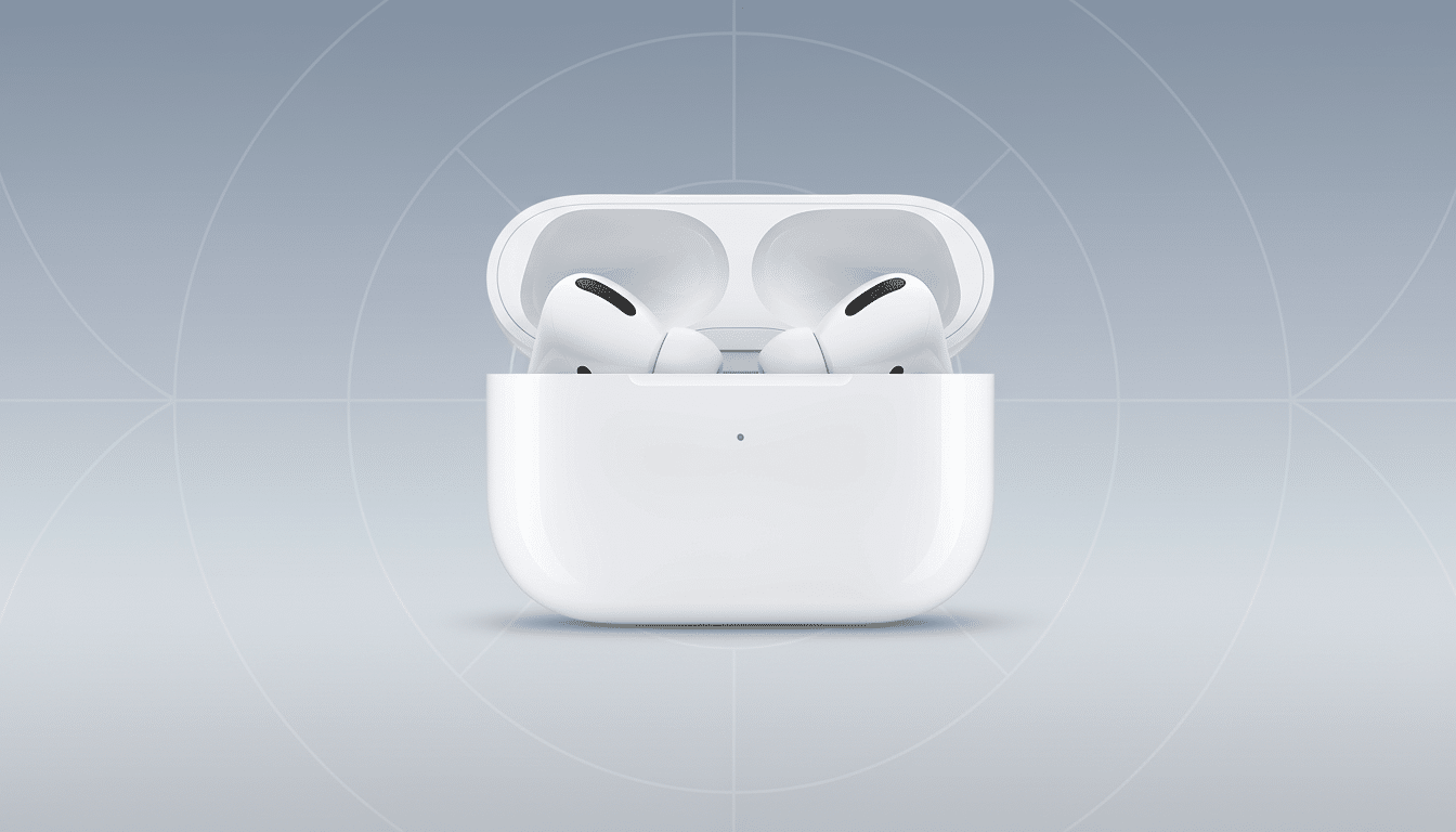 A pair of white Apple AirPods Pro in their open charging case, presented on a professional flat design background with soft gray gradients and subtle circular patterns.