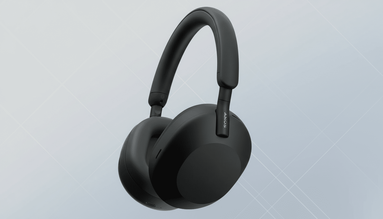 A pair of black Sony WH-1000XM5 noise-canceling headphones presented on a professional flat design background with soft patterns.