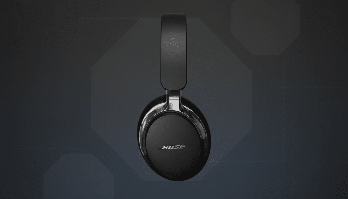 A pair of black Bose over-ear headphones with silver accents, presented on a dark gray background with subtle geometric patterns, resized to a 16:9 aspect ratio.