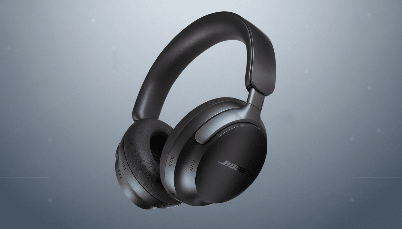 A pair of black Bose noise-cancelling headphones presented on a professional flat design background with soft patterns and gradients, resized to a 16:9 aspect ratio.