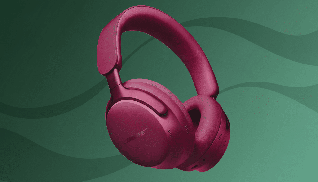 A pair of deep red Bose headphones are presented against a professional background with soft, wavy patterns in shades of green.