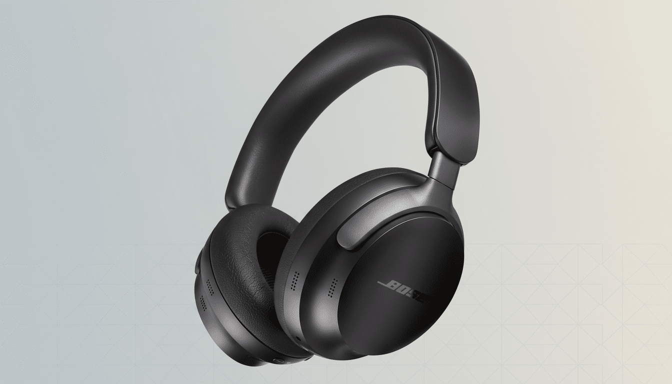 A pair of black Bose noise-cancelling headphones on a professional flat design background with soft patterns and gradients, resized to a 16:9 aspect ratio.