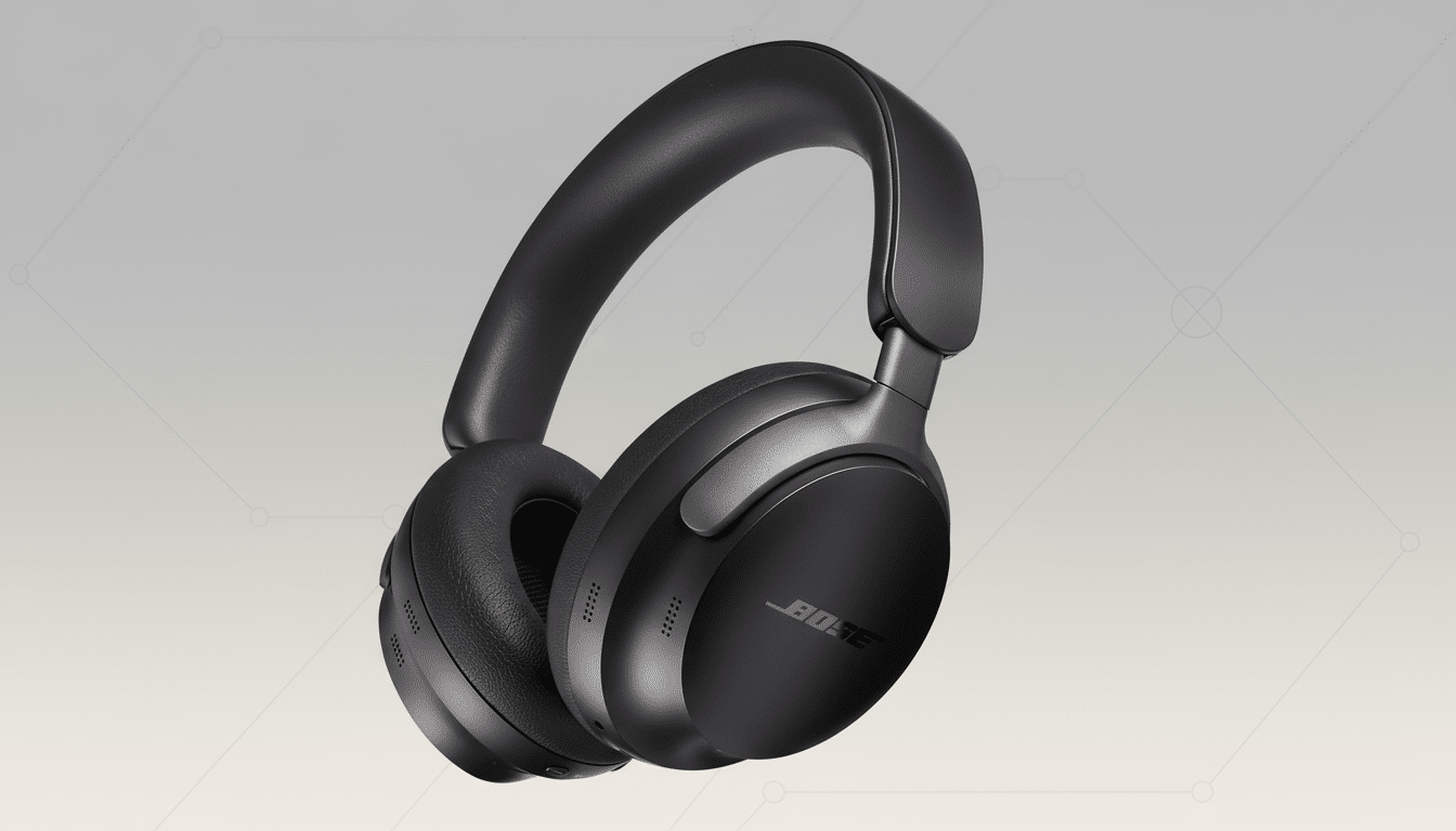 A pair of black Bose noise-cancelling headphones on a professional flat design background with soft patterns.