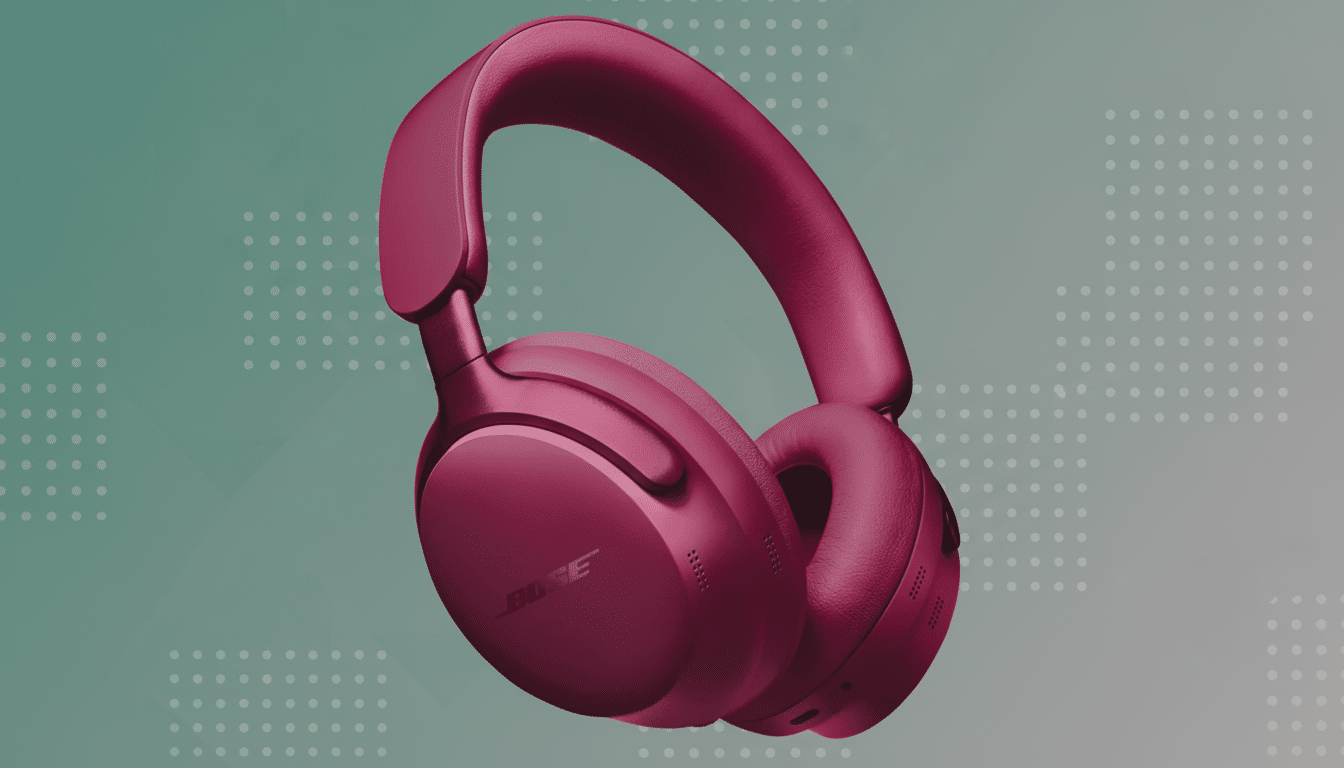 A pair of Bose headphones in a deep magenta color, presented on a professional flat design background with soft patterns and a gradient from teal to grey.