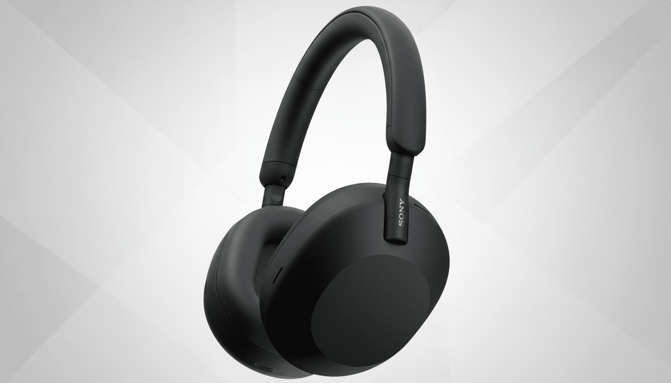 A pair of black Sony WH-1000XM5 headphones on a light gray background with subtle geometric patterns.