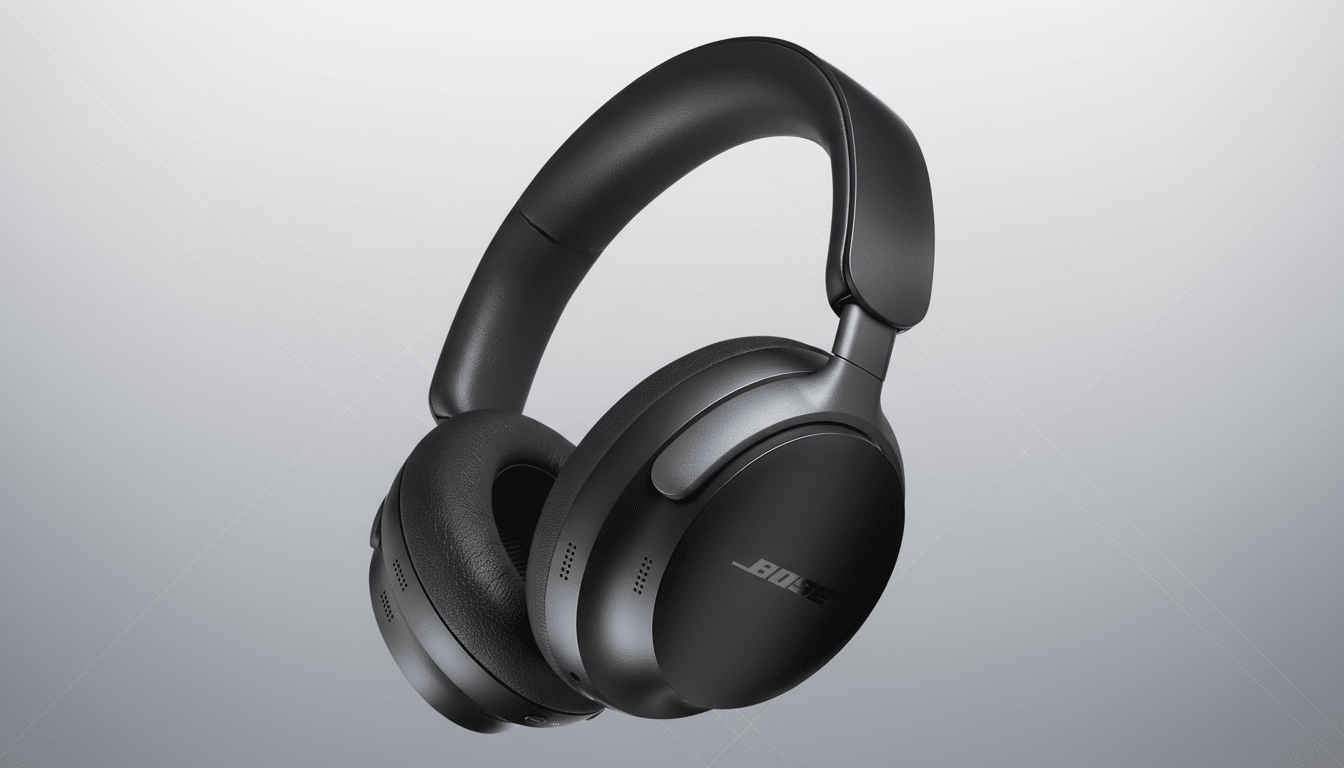 A pair of black Bose over-ear headphones with the Bose logo visible on the earcup, presented on a professional flat gray background with a subtle gradient.