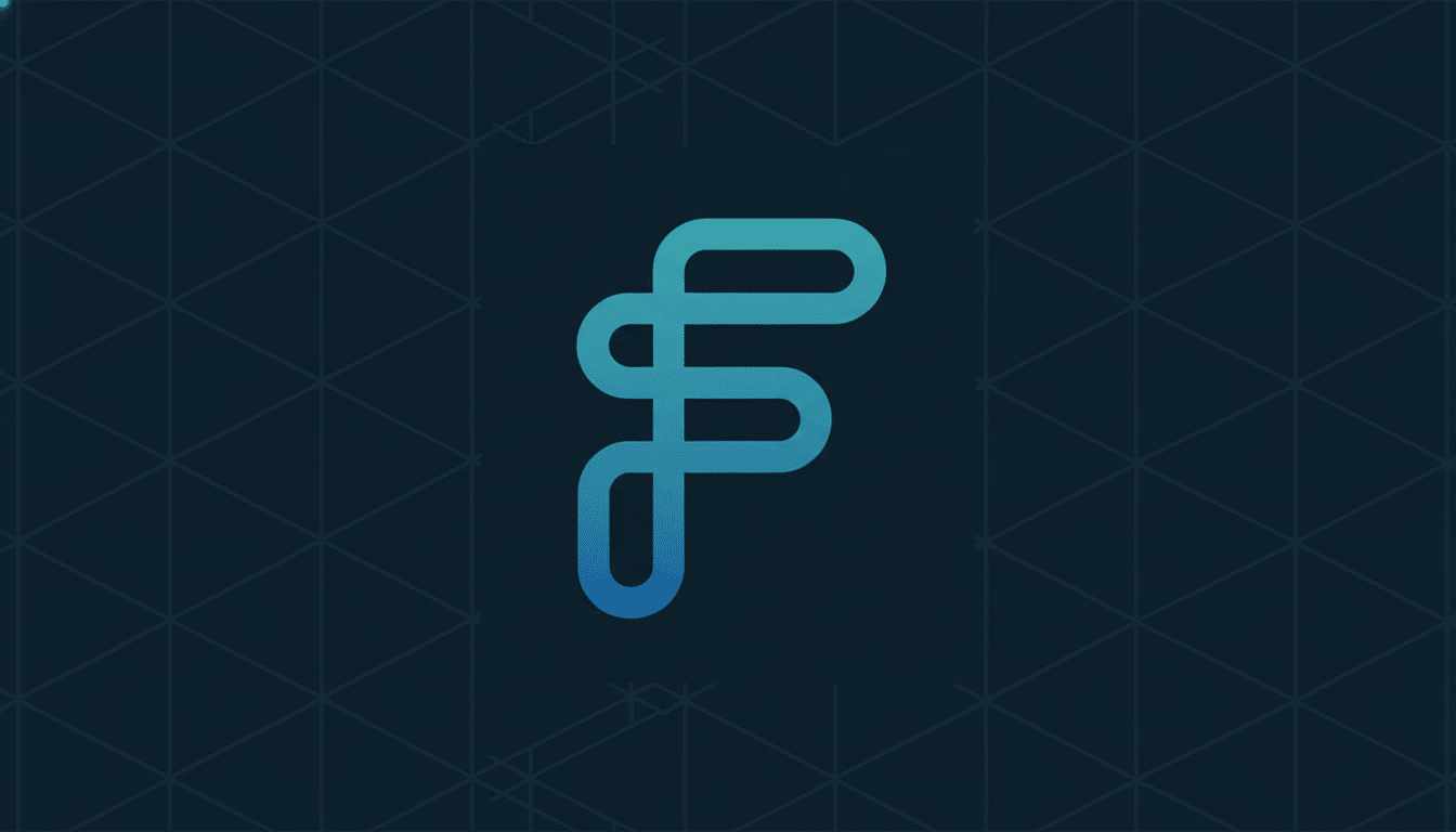 A blue gradient letter F logo, stylized with a continuous, flowing line, centered on a dark blue background with a subtle geometric pattern.