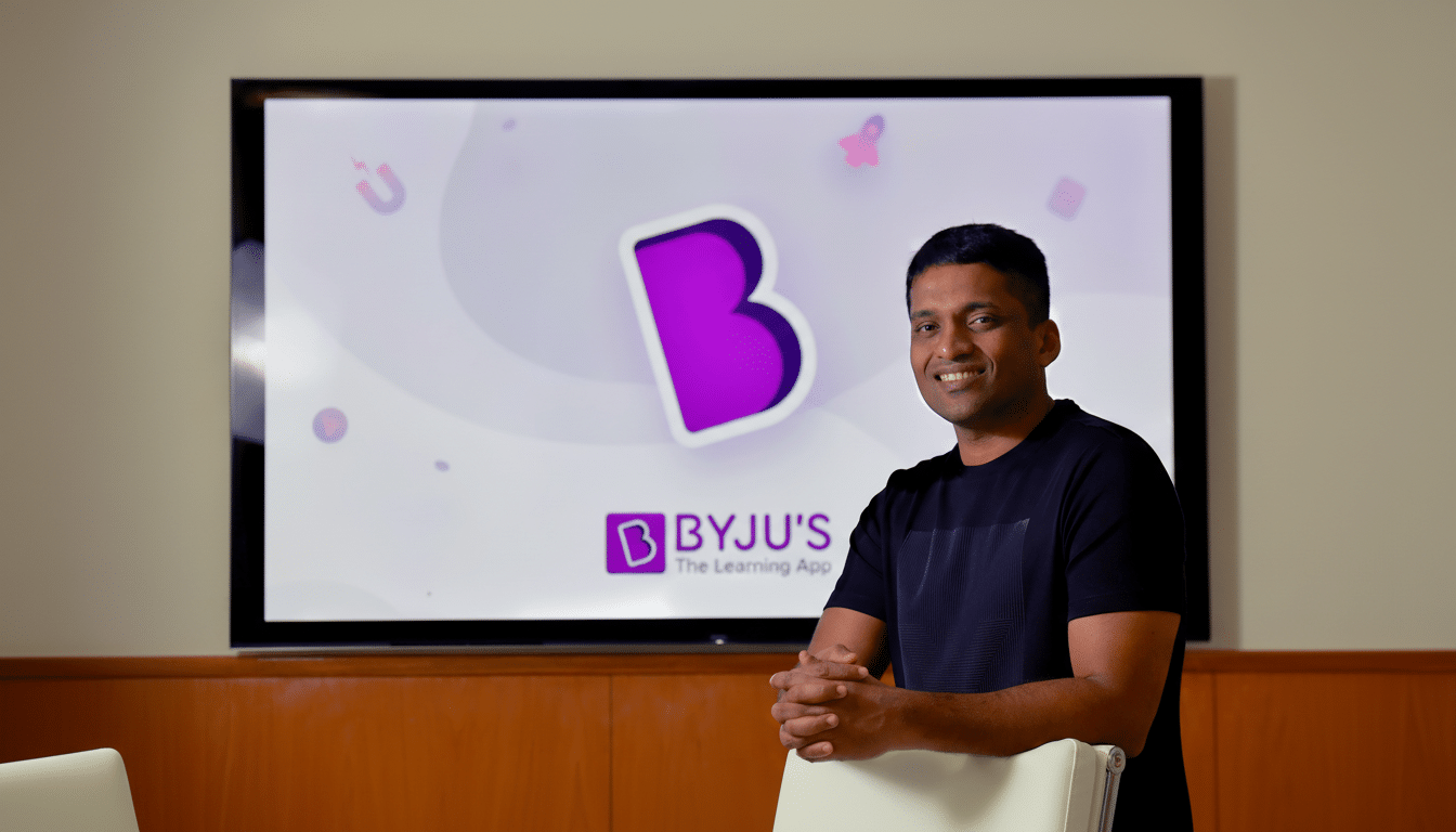 A man in a black t-shirt smiling in front of a large screen displaying the Byjus logo and The Learning App text.