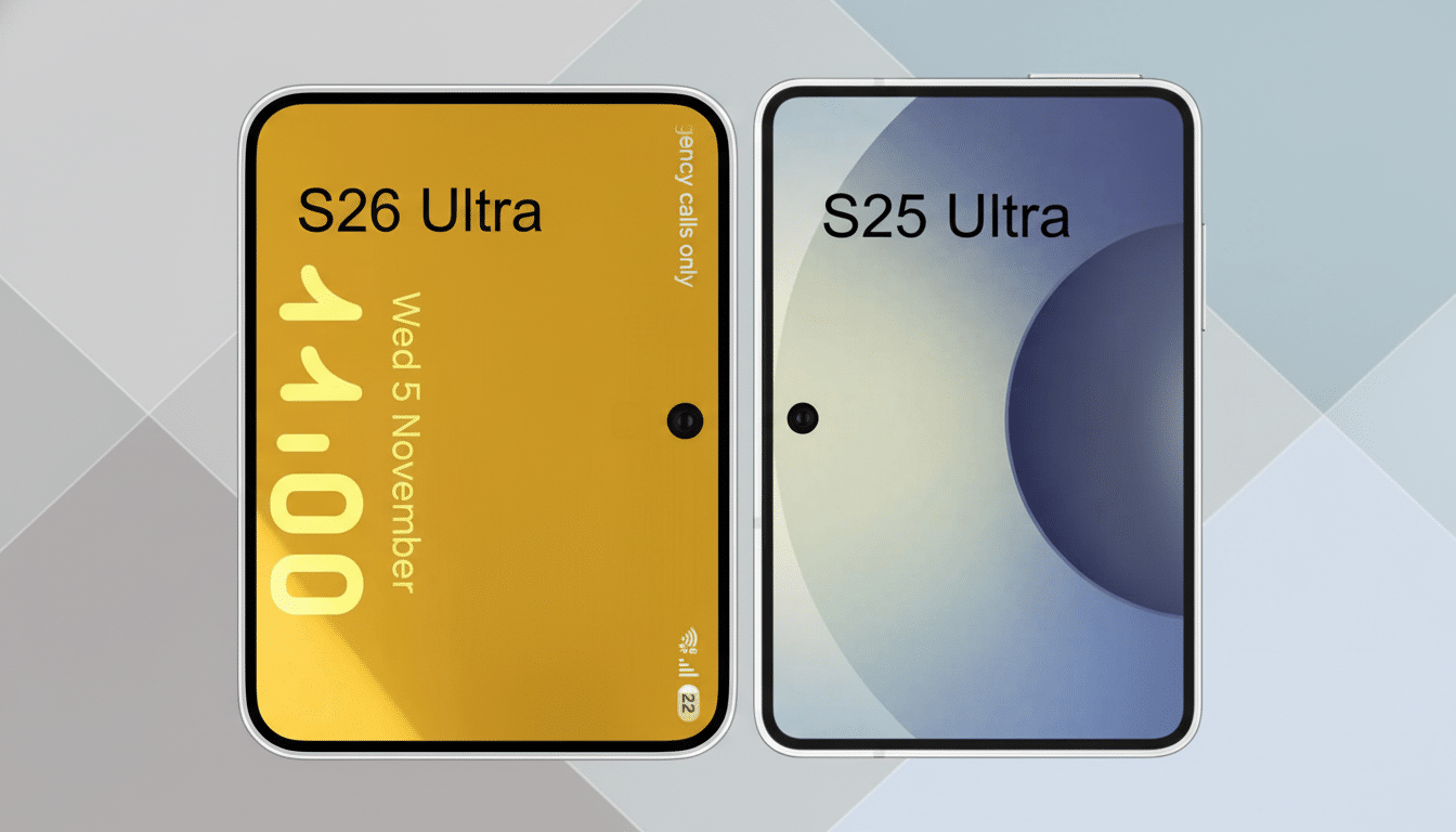 Two smartphones, labeled S26 Ultra and S25 Ultra, displayed side-by-side on a professional flat design background with soft geometric patterns and gradients.