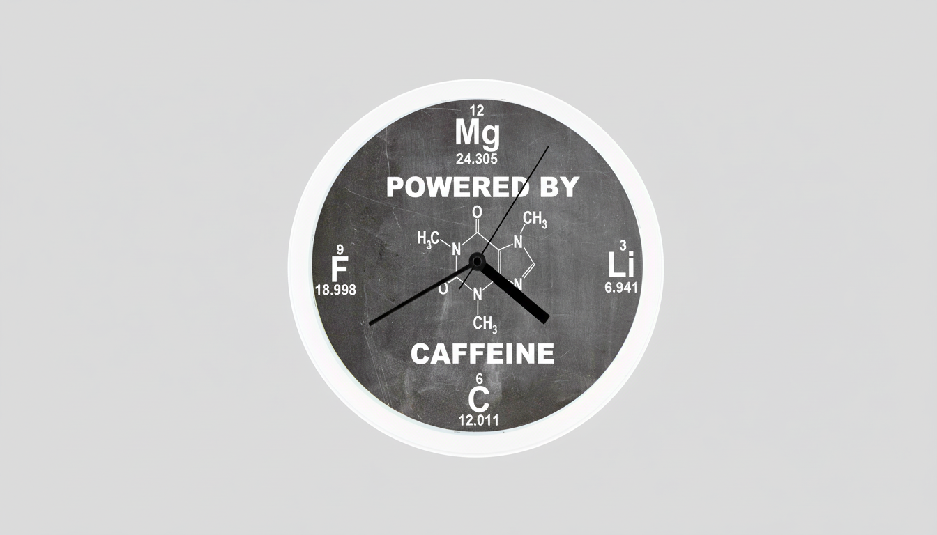 A clock with a dark gray face resembling a chalkboard, featuring the text POWERED BY CAFFEINE and the chemical structure of caffeine, along with various elemental symbols and atomic weights. The clock is set against a light gray background.