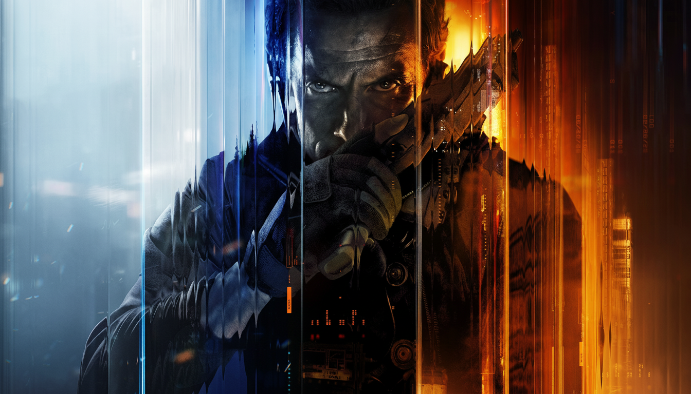 A man in tactical gear, split between cool blue and warm orange lighting, holding a weapon.