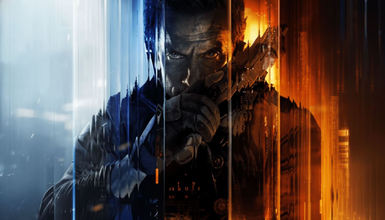 A man with a serious expression, holding a weapon, with a background split between blue and orange vertical light streaks.