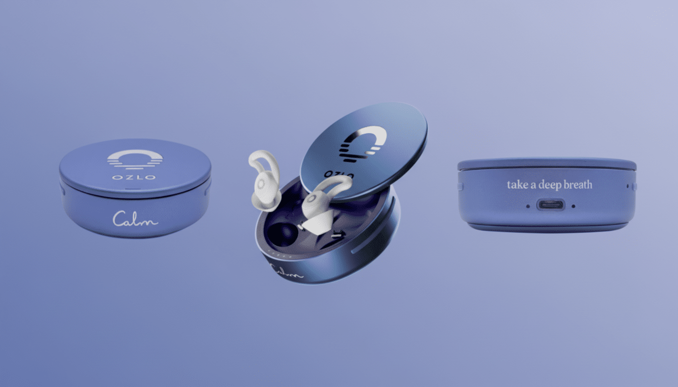 A 16:9 aspect ratio image showcasing three views of the Ozlo Calm sleep earbuds: a closed case, an open case with earbuds, and a side view of the case with take a deep breath inscribed.