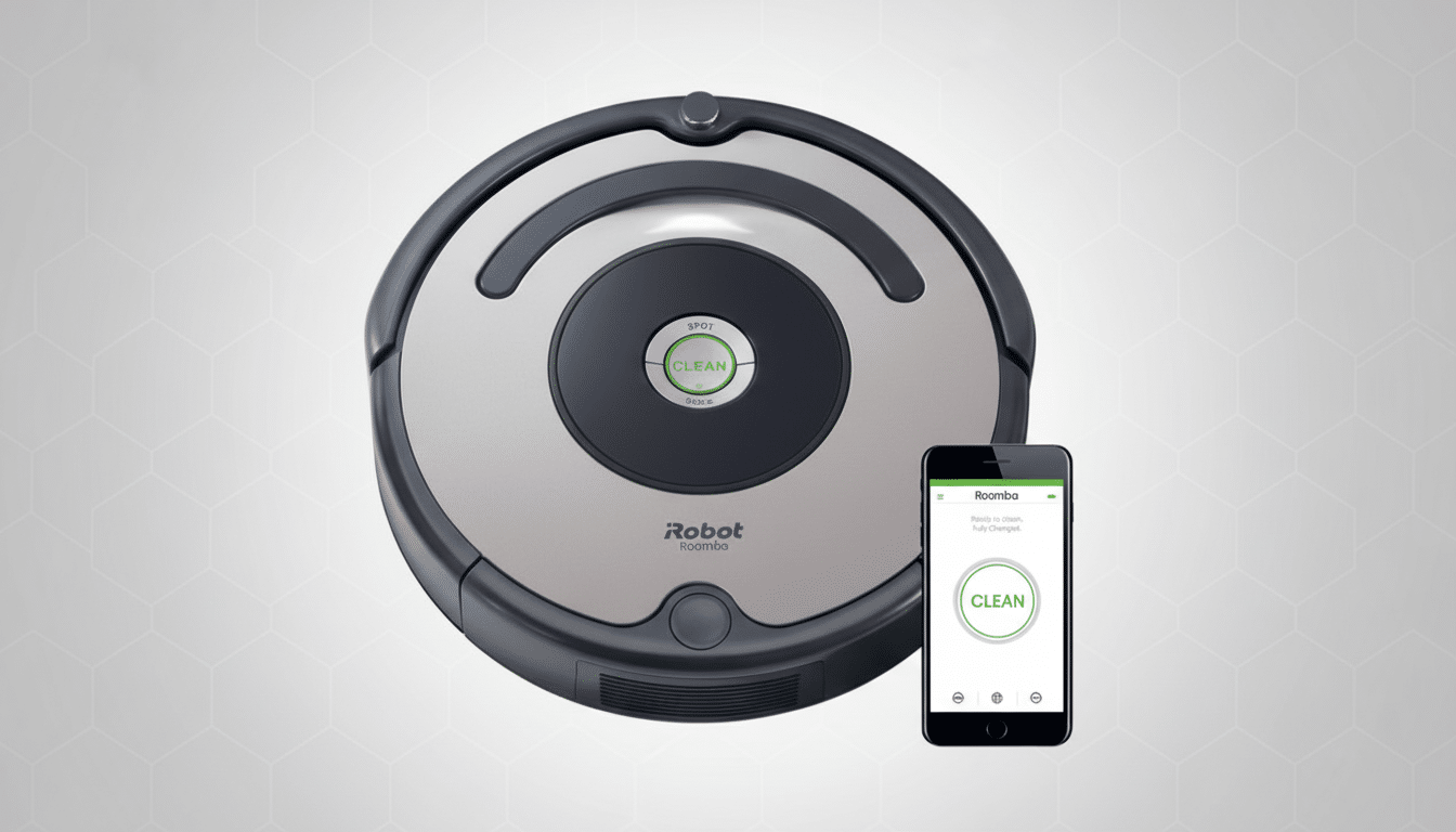 A Roomba robot vacuum cleaner and a smartphone displaying the Roomba app, set against a professional flat design background with soft patterns.