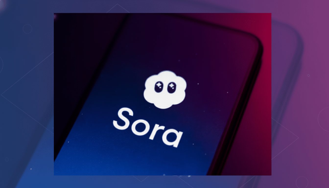 The Sora app logo, a white cloud with eyes, displayed on a smartphone screen, set against a professional flat design background with soft patterns and gradients.