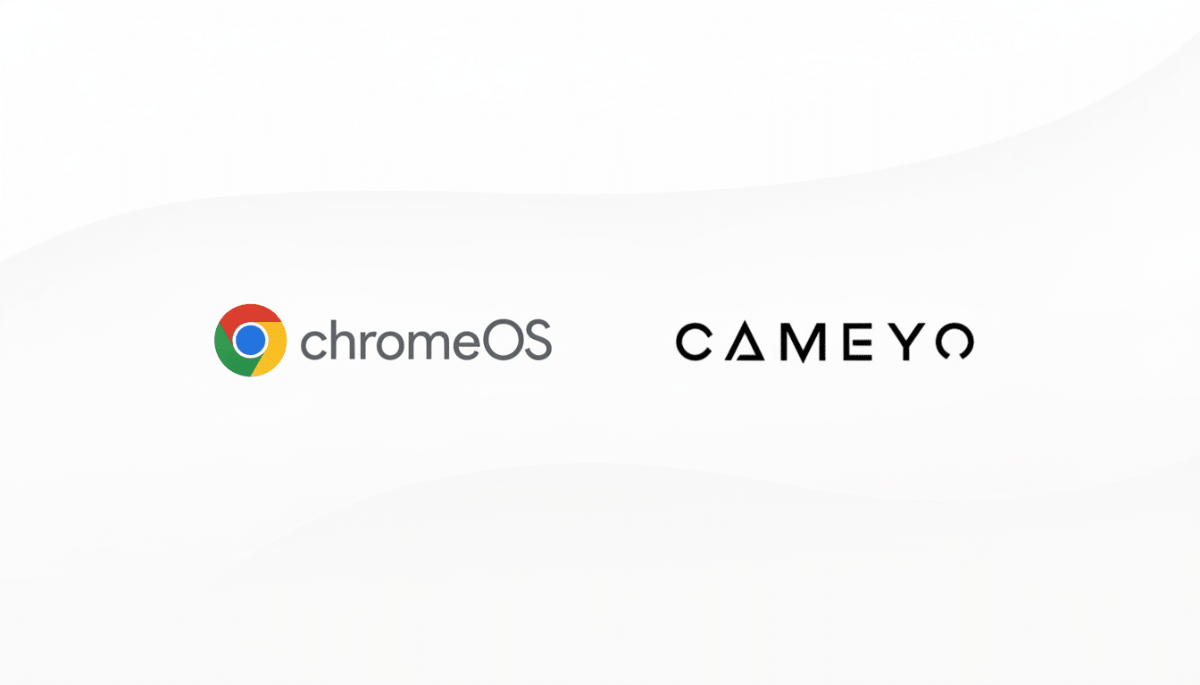 The ChromeOS logo and the Cameyo logo are displayed side-by-side on a clean, light gray background with subtle wave patterns.