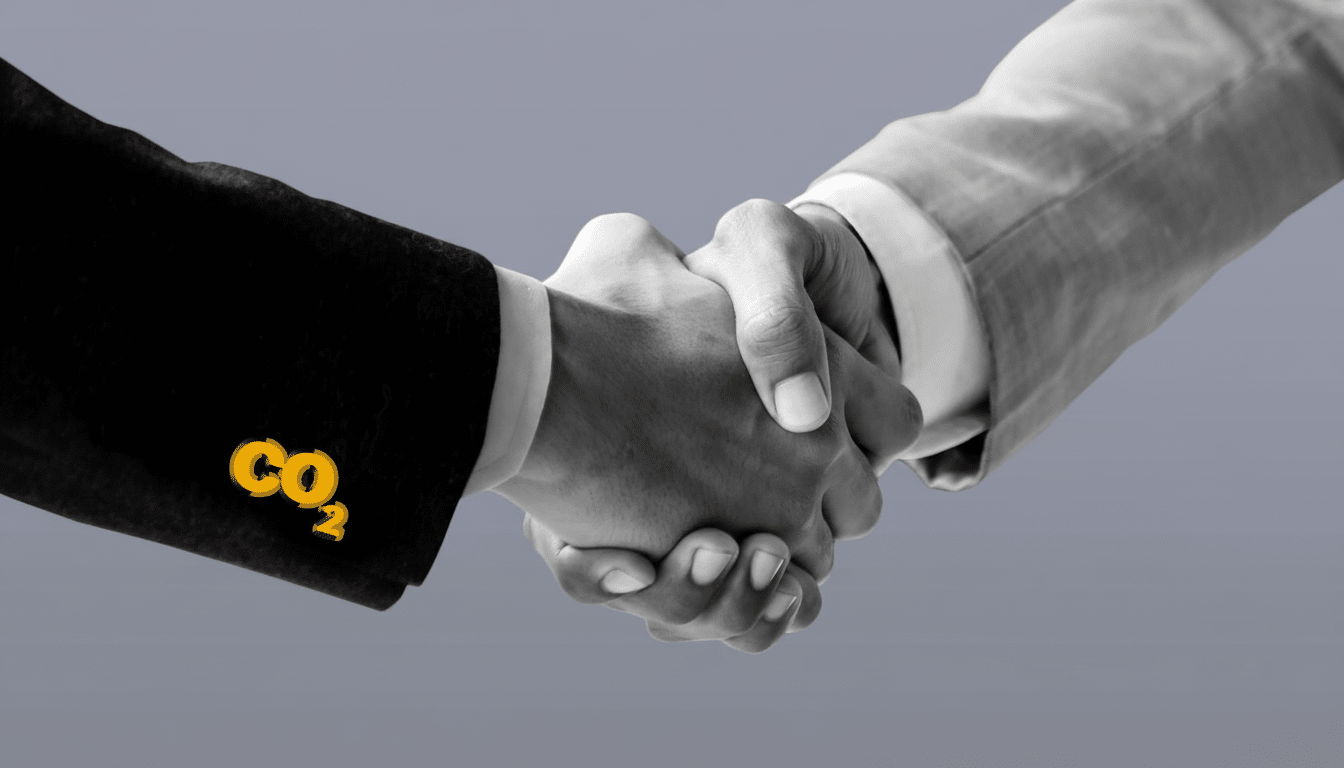 A handshake between two individuals, with one sleeve featuring a golden CO2 symbol, set against a plain grey background.