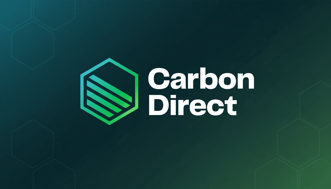 The Carbon Direct logo, featuring a green and blue hexagonal icon with horizontal lines, and the words Carbon Direct in white text, set against a dark teal background with subtle hexagonal patterns and a soft gradient.