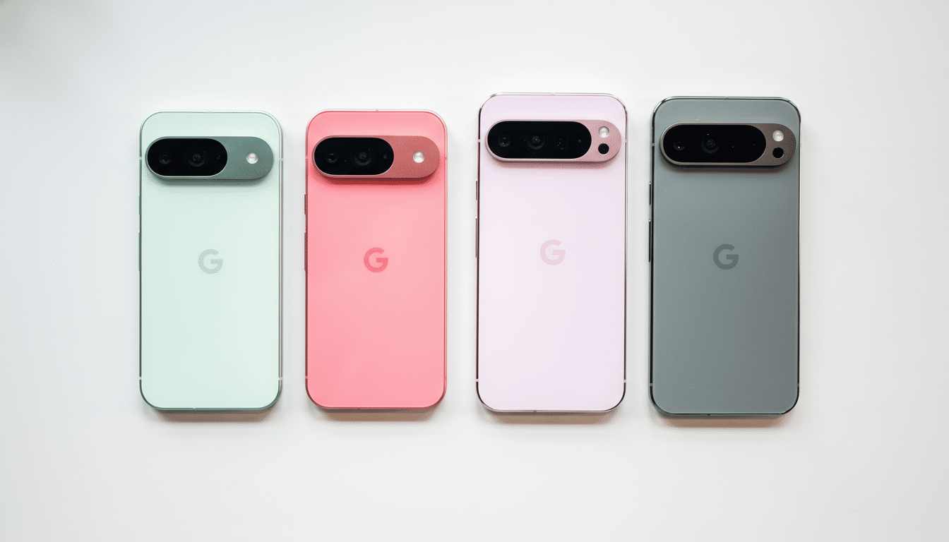 Four Google Pixel phones in different colors (green, pink, light purple, and gray) are arranged in a row on a white background.