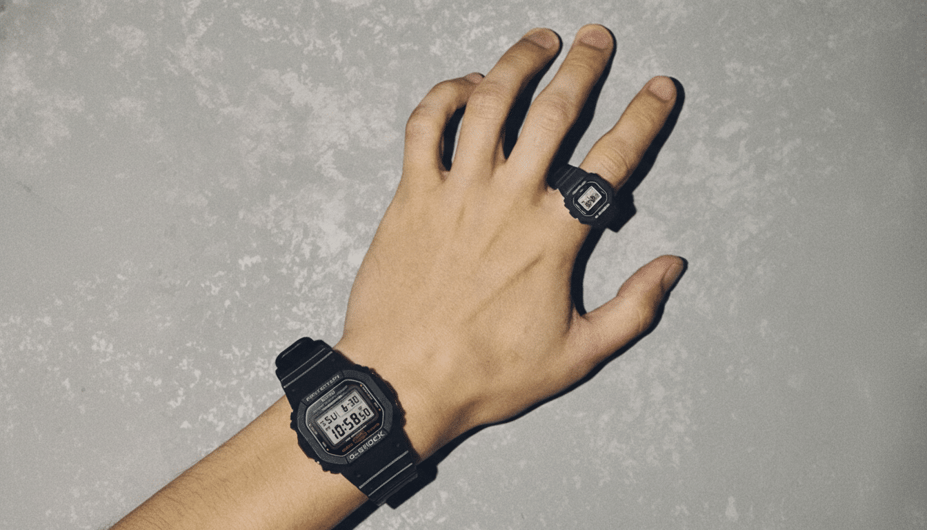 A persons hand wearing a black digital watch on the wrist and a miniature version of the same watch as a ring on the middle finger, against a textured gray background.