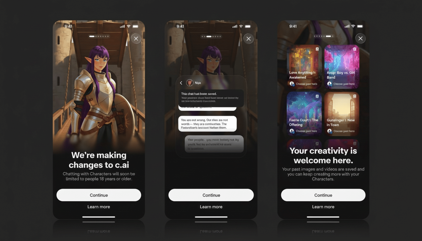 Three mobile phone screens displaying updates for the c.ai app. The first screen shows a female character in armor with text about age restrictions. The second screen shows a chat interface with text about saved chats. The third screen displays various character options and text about creative content.