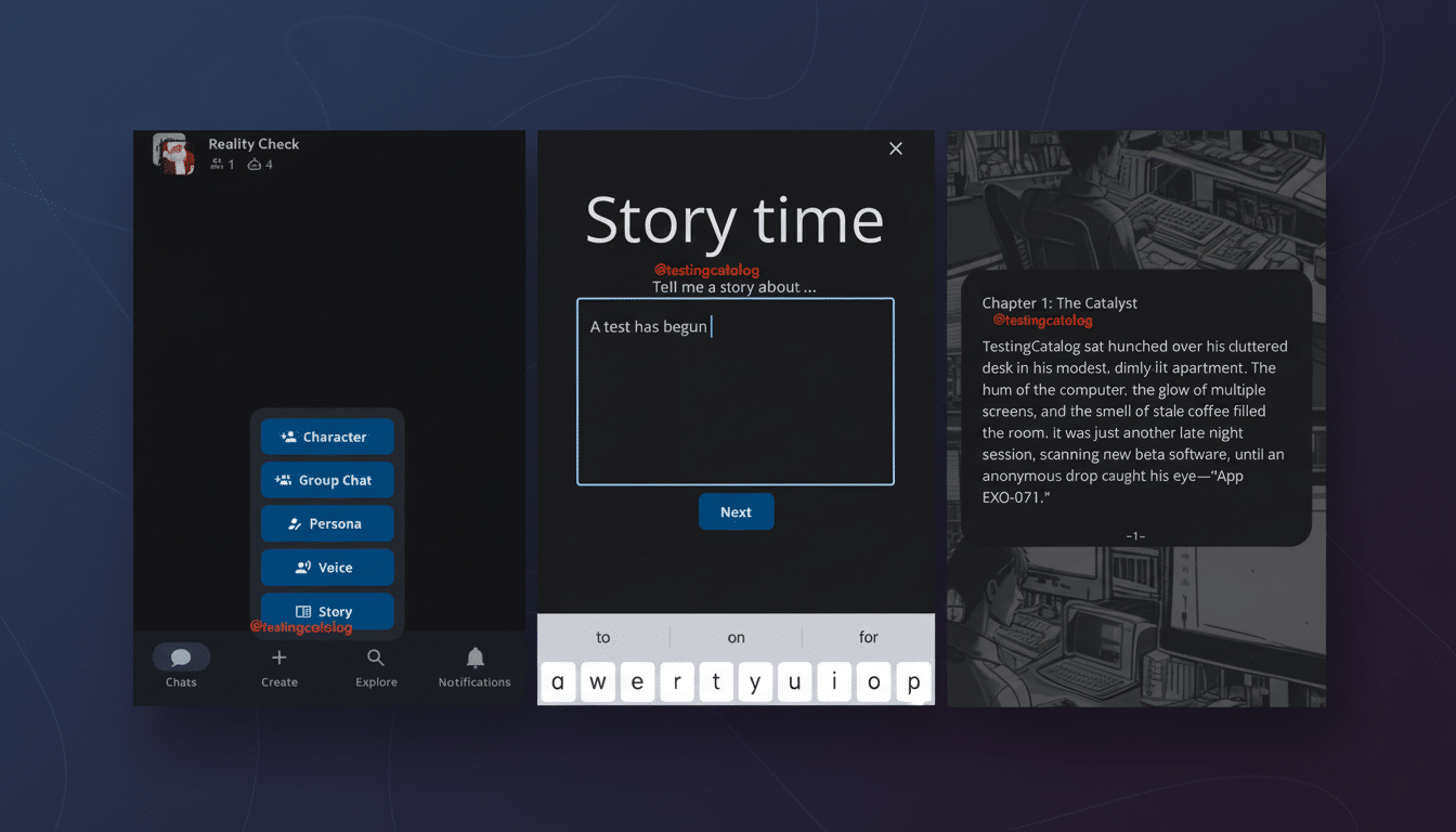 A 16:9 aspect ratio image showing three mobile app screens side-by-side. The first screen on the left shows a menu with options like Character, Group Chat, Persona, Voice, and Story. The middle screen displays a Story time interface with a text input field that reads A test has begun. The rightmost screen shows a story titled Chapter 1: The Catalyst with text content. The background is a professional flat design with soft patterns and gradients.