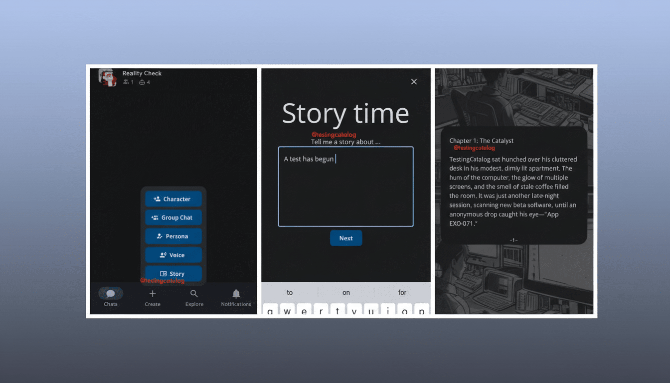 A 16:9 aspect ratio image showing three mobile app screens. The first screen shows a menu with options like Character, Group Chat, Persona, Voice, and Story. The second screen is titled Story time with a text input field that says A test has begun. The third screen displays a story excerpt titled Chapter 1: The Catalyst. The background is a professional flat design with a soft gradient.