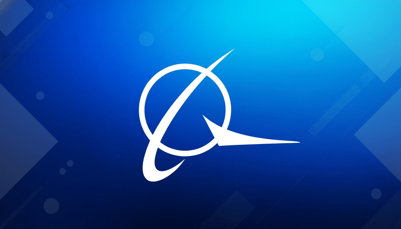 The Boeing logo, a white stylized circle with an orbiting arrow, set against a blue gradient background with subtle geometric patterns.
