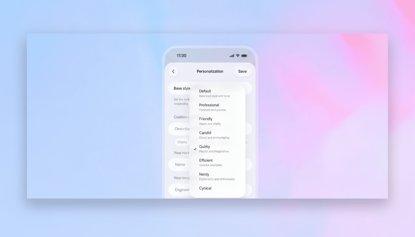 A mobile phone screen displaying a Personalization menu with options for Base style and Custom info. The Base style section shows a dropdown list with various communication styles, including Default, Professional, Friendly, Candid, Quirky, Efficient, Nerdy, and Cynical. Quirky is currently selected. The phone is set against a soft, gradient background of blue and pink hues.
