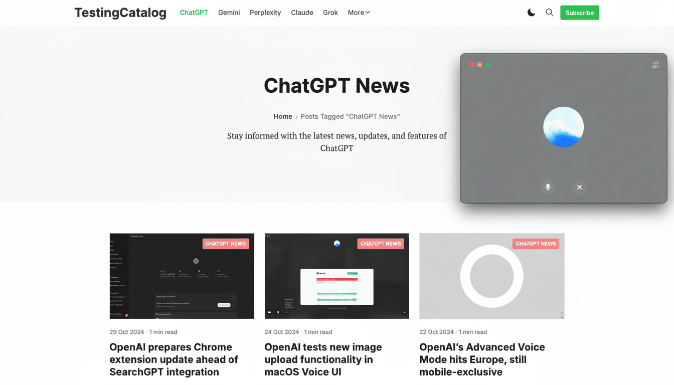 A webpage titled ChatGPT News with several articles, and a video call interface on the right side.